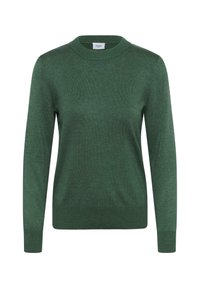Grön pullovertröja med rund halsringning, långa ärmar samt ribbat avslut och nederkant. Tillverkad av mjukt stickat tyg med en slät struktur.