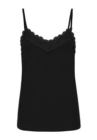 Schwarze Spaghettiträger-Camisole mit verstellbaren Trägern, einem gewellten Spitzenbesatz entlang des Ausschnitts und einem weichen, glatten Stoff.