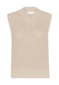 Beige utan ärmar tröja med V-ringning, ribbad textur och en figurnära silhuett, tillverkad av ett mjukt stickat material.