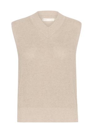 Beige ujjatlan pulóver V-nyakkivágással, bordázott textúrával és testhez simuló sziluettel, puha kötött anyagból készült.