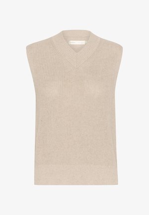 Beige bez piedurknēm dzemperis ar V veida kakla izgriezumu, ribota tekstūra un pieguļoša silueta, izgatavots no mīksta adīta materiāla.