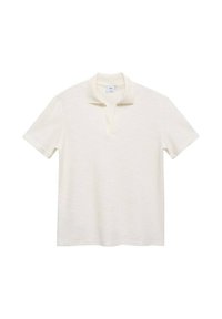 Crème-kleurige polo met korte mouwen, met een textuur en een v-hals. De stof is lichtgewicht en heeft een klassiek ontwerp zonder versieringen.