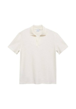 Crème-kleurige polo met korte mouwen, met een textuur en een v-hals. De stof is lichtgewicht en heeft een klassiek ontwerp zonder versieringen.