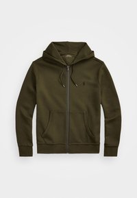 Olivgrön zip-up hoodie i ett mjukt tyg. Har en känguruficka, dragsko i huvan och en liten svart logotyp på bröstet.