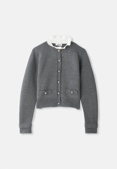 Halljaeriga hall kudum sird, millel on ümara kaeluse ja pitsäärisega, nööpide ees ja kaks eesmist taskut. Ribakujulised varrukad ja äär.