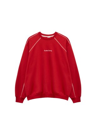 Rotes Sweatshirt mit Rundhalsausschnitt, weißer Kontrastnaht und kleinem weißen Schriftzug "Knotiko Society" mittig auf der Brust.