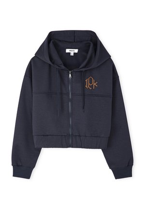 Marineblaue, kurz geschnittene Kapuzenjacke mit Reißverschluss, gerippten Bündchen, Kordelzügen und braunem gesticktem Logo. Glattes Material, klassisches Kapuzen-Design.