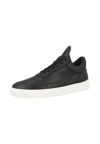 Black leather sneaker with a textured upper, rounded toe, white rubber sole, and six eyelets for laces. Medium-high collar for ankle support.
