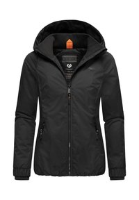 Veste noire isolante avec capuche, dotée d'une fermeture éclair et de deux poches latérales, doublure intérieure texturée avec motifs, poignets élastiques.