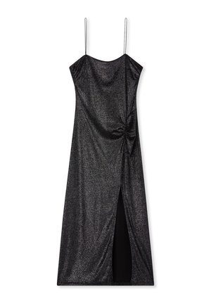 Czarna, bezrękawnikowa sukienka z błyszczącego materiału. Posiada detal w postaci skrętu w talii oraz rozcięcie do uda z boku.