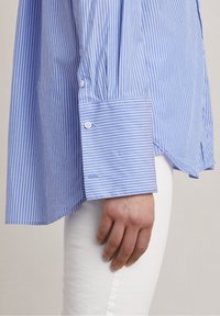 Modrá a bílá pruhovaná košile s dlouhými rukávy, s knoflíkovým manžetovým zakončením a zakřiveným spodním lemem. Vyrobena z hladké tkaniny, přiléhavý střih.