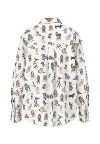 White button-up shirt featuring a colorful pattern of various dogs and cartoon figures, with a classic collar and loose, relaxed fit.