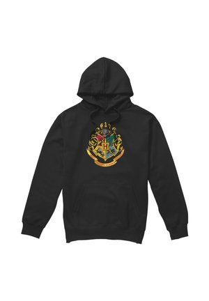Black hoodie with front pocket featuring a colorful Hogwarts crest and the motto "Draco Dormiens Nunquam Titillandus" on the chest.