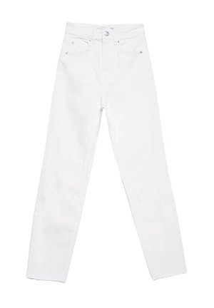 Valkoiset korkeavyötäröiset farkut suoranlahkeisella leikkauksella, valmistettu denimkankaasta. Ominaisuuksiin kuuluvat etutaskut ja vetoketjukiinnitys yhdellä napilla.