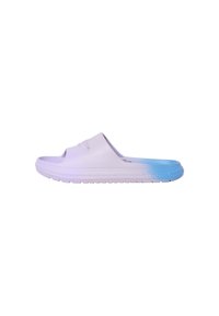 Purple and blue gradient slide sandal with a rounded design, textured upper, and ridged white sole, featuring a logo on the side.
