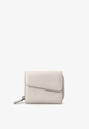 Compact beige leather wallet with textured bottom and smooth flap, zipper around side, and small metal brand tag on front.