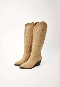 Bottes western en suède beige avec des pointes effilées, des coutures décoratives et un talon compensé de hauteur moyenne. Elles possèdent une fermeture éclair sur le côté.