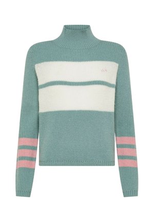 Maglione a maglia color teal con strisce crema e rosa. Presenta un collo alto, maniche lunghe, una texture a coste e un logo sul petto.