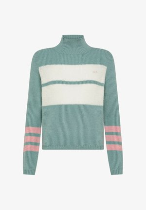 Maglione a maglia color teal con strisce crema e rosa. Presenta un collo alto, maniche lunghe, una texture a coste e un logo sul petto.