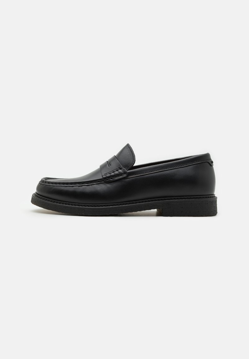 Mustad nahast loafers ümarate varvastega, dekoratiivsete õmbluste ning tekstuurse kummist tallaga, madala kontsaga.