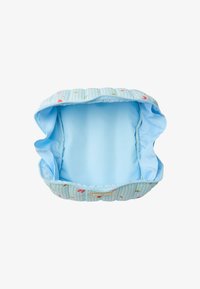 Insert pour porte-bébé doux et rembourré de couleur bleu clair avec un motif d’animaux marins et des côtés froncés pour un soutien et un confort optimal.