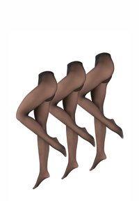 Medias negras transparentes con una textura suave, con una cinturilla alta y un acabado semitranslúcido. Tres pares dispuestos con las piernas ligeramente dobladas.
