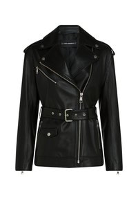 Black leather motorcycle jacket with a belted waist, silver zippers, and snap buttons, featuring an asymmetrical zip and quilted lining.