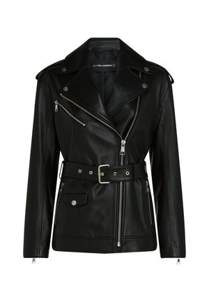 Zwarte leren motorjacket met een riem in de taille, zilveren ritsen en drukknoopsluiting, voorzien van een asymmetrische rits en gewatteerde voering.