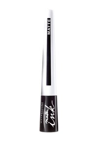 Eyeliner liquido in una bottiglia affusolata bianca e nera, etichettata "MATTE", con una finitura lucida e una punta di applicazione stretta.