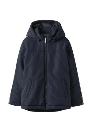 Veste à capuche bleu marine avec fermeture éclair frontale, deux poches latérales et détails rayés sur les manches.