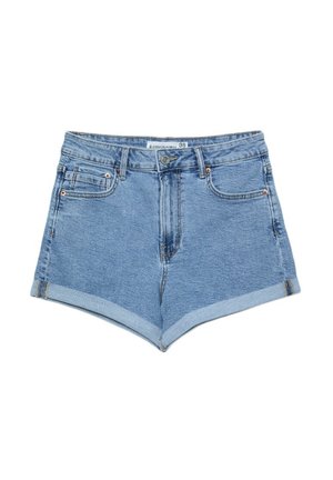 Shorts en denim bleu avec revers roulés, bouton à l'avant, fermeture éclair, passants pour ceinture et cinq poches. L'étiquette de taille indique 38.