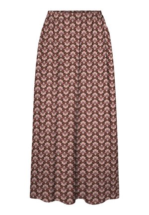 Jupe marron avec motif floral géométrique rose et blanc, taille élastique, et silhouette droite et longue.