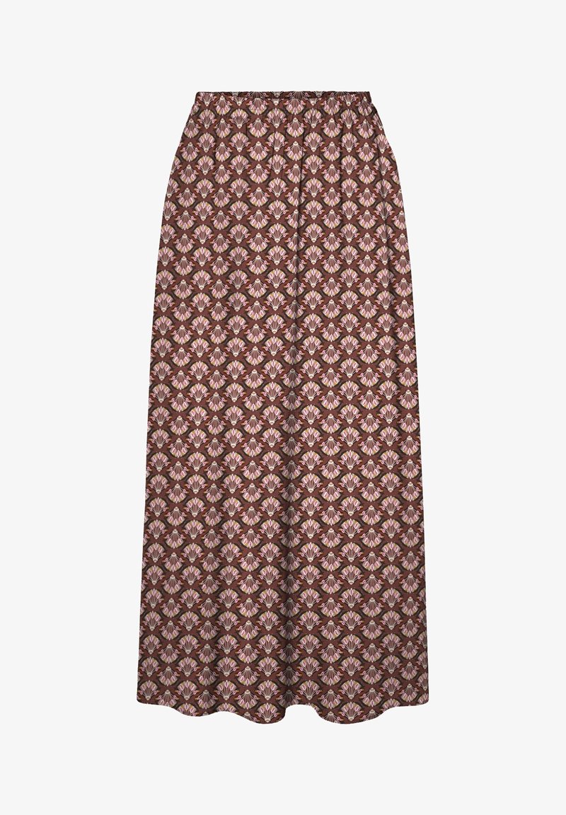 Jupe marron avec motif floral géométrique rose et blanc, taille élastique, et silhouette droite et longue.