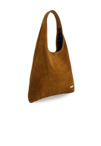 Suede shoulder bag in a warm brown tone with a slouchy design, single handle, and a small metallic logo accent. Textured, unlined interior.