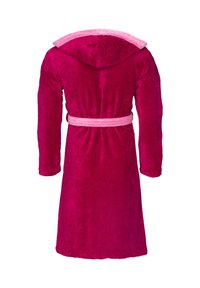 Fuchsia plush bathrobe with a hood, long sleeves, and pink belt. Soft texture with a smooth finish. No patterns or additional hardware.