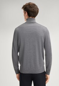 Gray sweater with a high collar, long sleeves, ribbed cuffs, and waistband. Smooth texture with a subtle knit pattern.