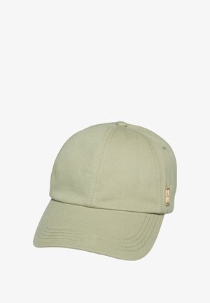 Light green baseball cap made of cotton with a curved visor, textured fabric, stitched accents, and a small gold hardware logo on the side.