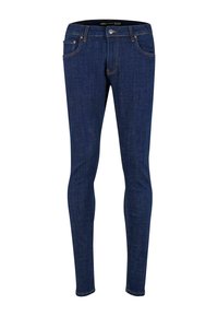 Jeans ajustados de denim azul oscuro, con cinco bolsillos, costuras en contraste y un cierre de botón metálico en la cintura.