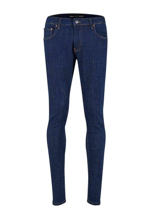 Jean skinny en denim bleu foncé, avec cinq poches, des coutures contrastées et une fermeture à bouton en métal à la taille.