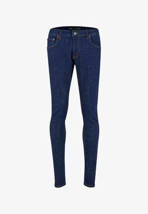 Slim-fit jeans lavet af mørkeblåt denim, med fem lommer, kontraststikninger og en metalknap lukning i taljen.