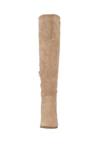 Bota de ante beige hasta la rodilla con puntera puntiaguda y detalle de cremallera en el lateral. Textura suave y diseño ajustado para una silueta elegante.