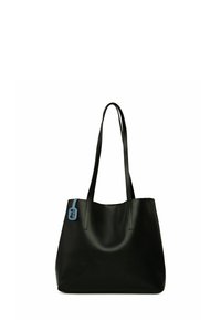 Melnas ādas dāma soma ar garām rokturiem, kura ir ar gludu tekstūru un zilu birku akcentu vienā pusē. Vienkāršs, atvērta augšdaļa dizains.