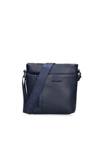 Borsa a tracolla in pelle blu con finitura testurizzata, tasca frontale con cerniera e cinturino regolabile con logo impresso.