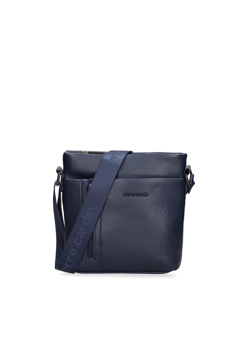 Borsa a tracolla in pelle blu con finitura testurizzata, tasca frontale con cerniera e cinturino regolabile con logo impresso.