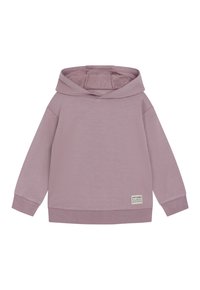Felpa con cappuccio di colore viola chiaro, realizzata in tessuto morbido, con maniche lunghe, una tasca a marsupio e un'etichetta cucita all'orlo.