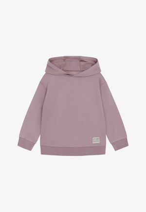 Felpa con cappuccio di colore viola chiaro, realizzata in tessuto morbido, con maniche lunghe, una tasca a marsupio e un'etichetta cucita all'orlo.