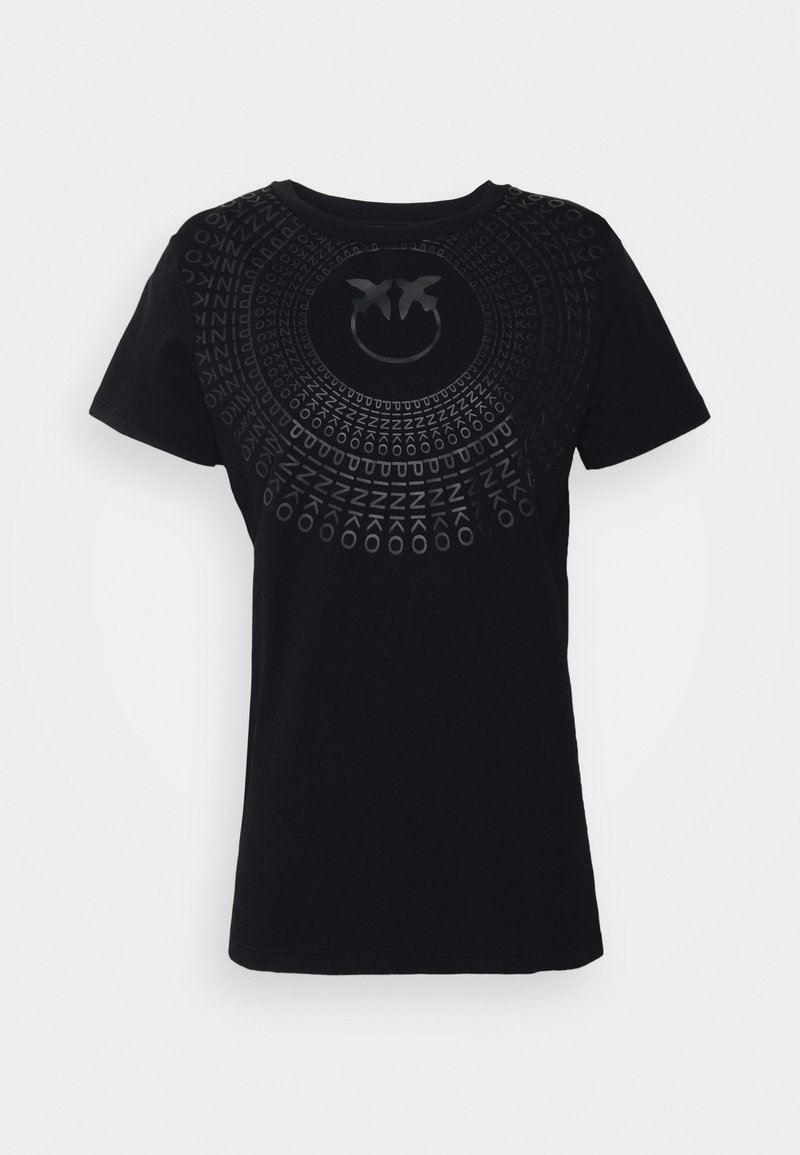 T-shirt noir à manches courtes avec un motif de texte circulaire répété et deux silhouettes d’oiseaux formant un sourire au centre de la poitrine.