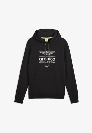 Czarna bluza z kapturem z polaru z przednią kieszenią, żółtymi sznurkami oraz białym logo z napisem "Aramco" i "Formula One Team".