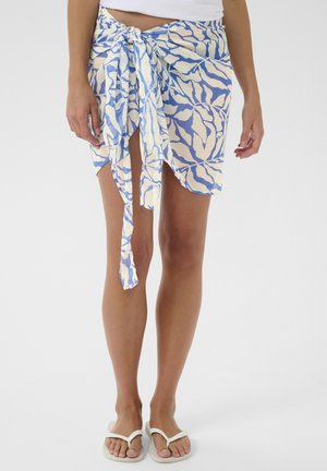 Blue and cream patterned wrap skirt, featuring a knot at the waist, made of lightweight fabric with a textured finish.