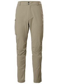 Beige cargobroek van lichtgewicht stof, met een ritszak aan de zijkant, dubbele knoopsluiting en een taps toelopend ontwerp.